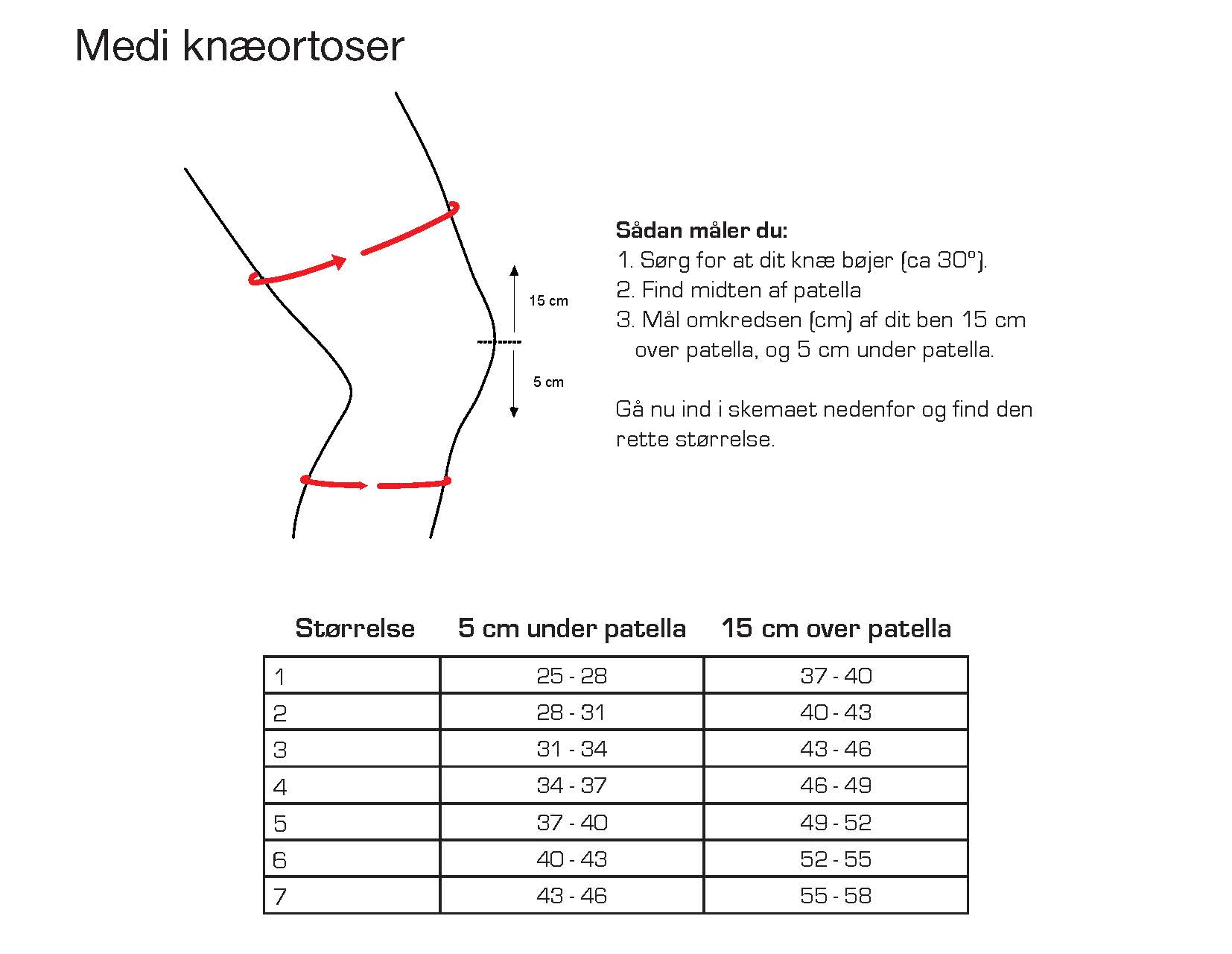 Størrelsesguide for Knæbandage med silikone